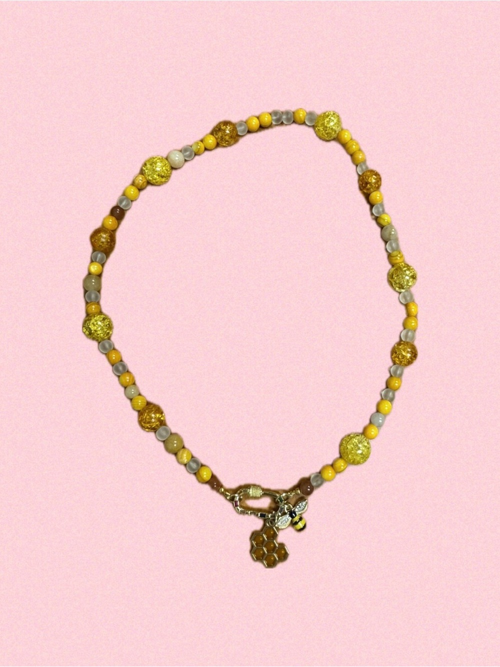Yellow Beaded Honeycomb & Bee Charm Necklace - Unbranded